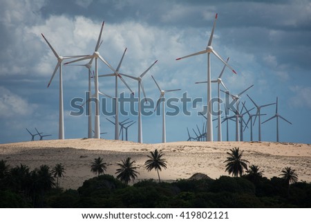 Wind power plant near Uruau Lagoon in Morro Branco, east shore of Ceara State, Brazil