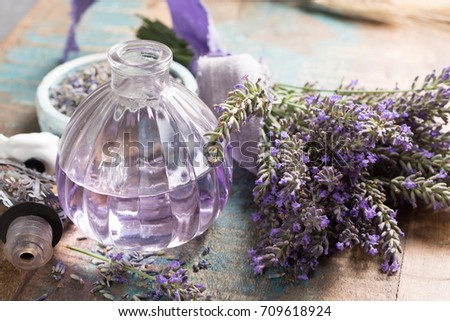 Lavender nature cosmetics, handmade preparation of essential oils, perfume, creams, soaps from fresh and dried lavender flowers, French artisanal boutique home style