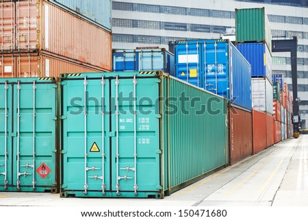 Stack of container box after sorting in warehouse dock terminal of cargo sea port
