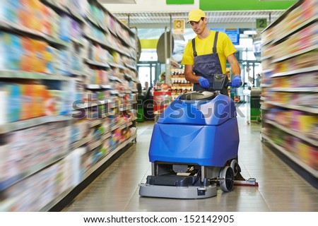 Floor Care And Cleaning Services With Washing Machine In Supermarket Shop Store