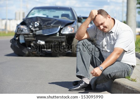 Adult Upset Driver Man In Front Of Automobile Crash Car Collision Accident In City Road