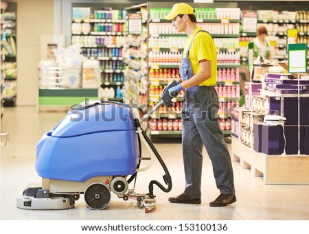 Floor Care And Cleaning Services With Washing Machine In Supermarket Shop Store