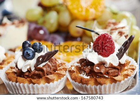 catering services background with cake fruit food in restaurant