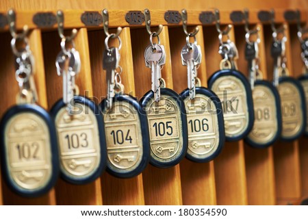 hotel room keys at reseption desk counter