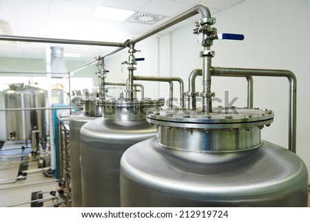 Pharmaceutical technology equipment tank facility for water preparation, cleaning and treatment at pharmacy plant