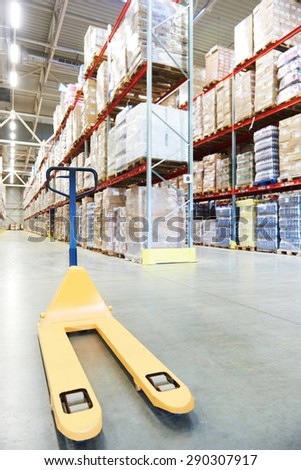 Manual forklift pallet stacker truck equipment at warehouse panorama