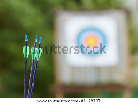 Archery equipment at spring outdoors - bow arrows target