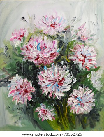 Painting picture of blooming peony Bouquet oil painted on canvas