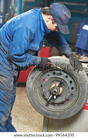 mechanic repairman at car tyre fitting and balancing adjustment using special equipment