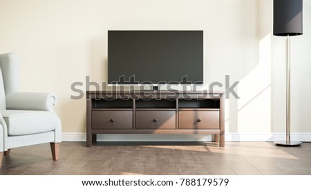 TV on stand in bright room 3D illustration