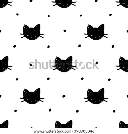 Seamless pattern with hand drawn cats. Ink doodle.