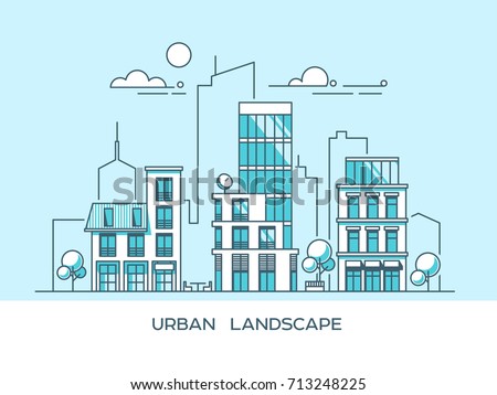 Green energy and eco friendly city. Modern architecture, buildings, skyscrapers. Flat vector illustration.