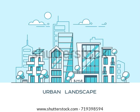 Green energy and eco friendly city. Modern architecture, buildings, skyscrapers. Flat vector illustration. 3d style.