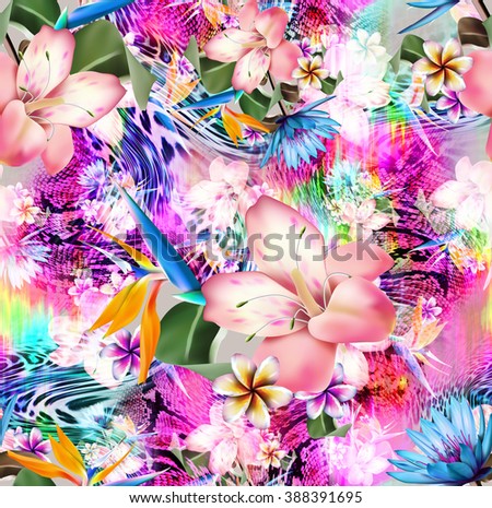 tropical Flower and leopard ,textile elements  flower mix leopard seamless  background