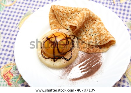 beautiful crepe with peach and pinaple and chocolate