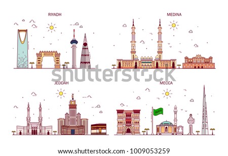 Detailed architecture of Riyadh, Jeddah, Medina, Makkah. Business cities in Saudi Arabia. Trendy vector illustration, line art style. Handdrawn illustration with main tourist attractions.