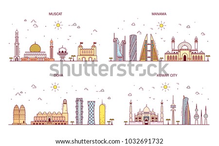 Detailed architecture of Muscat, Manama, Doha, Kuwait City. Business cities in Kuwait, Oman, Qatar, Bahrain. Trendy vector illustration, line art style. Illustration with main tourist attraction.