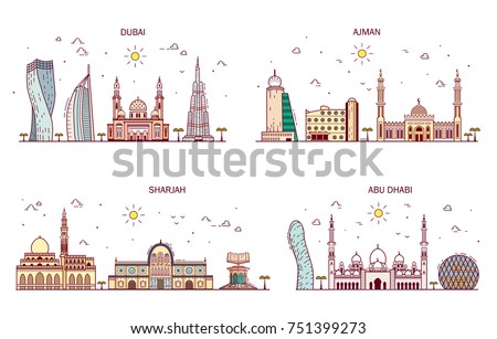 Detailed architecture of Abu Dhabi, Dubai, Sharjah, Ajman. Business cities in United Arab Emirates. Trendy vector illustration, line art style. Handdrawn illustration with main tourist attractions.