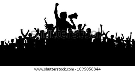 Crowd of people silhouette vector. Speaker, loudspeaker, orator, spokesman. Applause of a cheerful people mob. Sports fans. Demonstration, protest. Meeting of people
