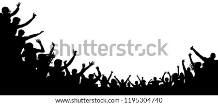 Cheers party, applause. Audience applause hand up. Cheerful people crowd applauding, silhouette vector. Fans dance concert, disco