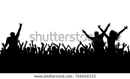 Cheerful crowd silhouette. Party people, applaud. Fans dance concert, disco.