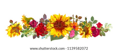 Horizontal autumn's border: orange, yellow sunflowers, red roses, gerbera daisy flowers, small green twigs on white background. Digital draw, illustration in watercolor style, panoramic view, vector