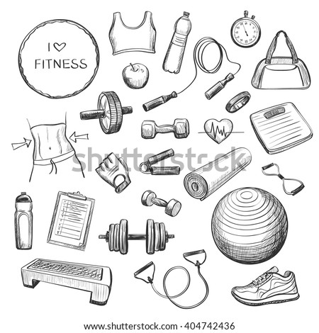 Collection freehand drawing sketches on fitness . Accessories , fitness equipment , clothing for sports . Isolating objects on a white background .