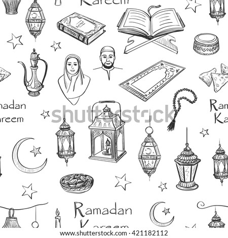 The pattern of sketches on the theme of Ramadan . Islamic architecture, attributes to prayer , traditional food