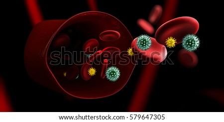 3d Illusytation of Virus cell infecting the blood in vein and human circulatory system