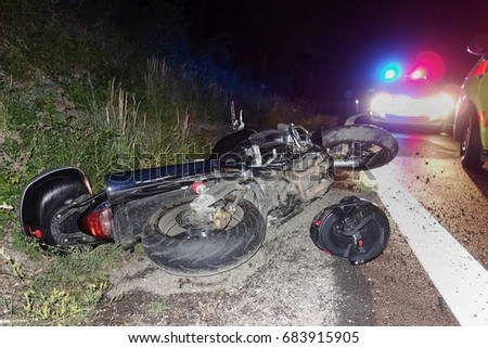 Real event, Motorcycle accident, crash at night on a wet road