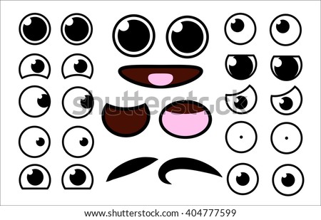 Vector cute cartoon eyes and mouths muzzle set. Collection of kids face elements for your design. Kawaii emotions with different expressions.