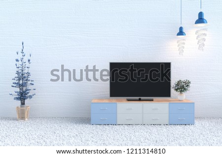 White living room decor with white wood wall, carpet, white rose in glass vase,Television,lamp,branch tree.Christmas\'s day and new year. 3d render.