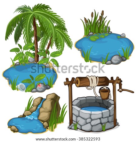 A small lake with palm trees and the inhabitants of the seas for landscaping. The well with drinking water. Vector illustration.