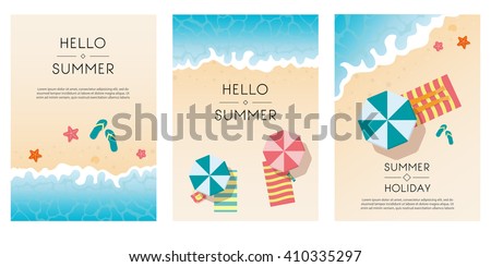 Set of summer travel fliers with beach items and wave. Top view. Vector illustration