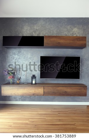 Led TV on the wall with wood furniture and wood floor in loft style living room. tv, television, lcd, led, big screen, blank screen, empty room, concrete wall, tv stand, candles, plant pot