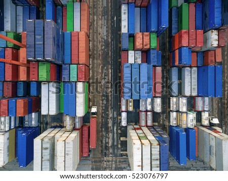 Aerial Storage containers before transport dock , Top view , Thailand .