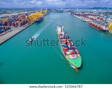 Aerial view of Cargo ship With containers , Top view .