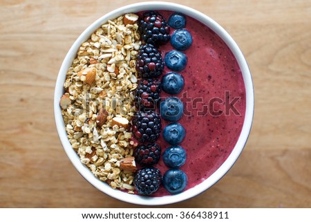 Smoothie bowl topped with berries and granola