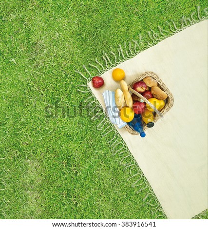 Picnic basket on the green grass.