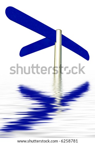 direction sign with tree arrows in white background reflected in water