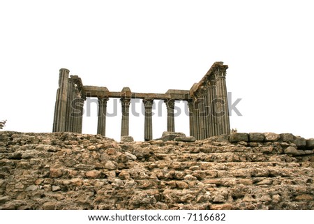 Ruins of roman temple in Evora, Portugal, isolated in white