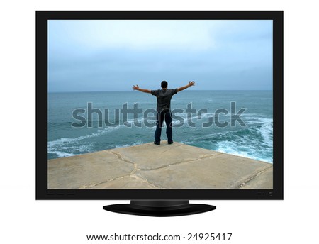 plasma tv with young man with arms open