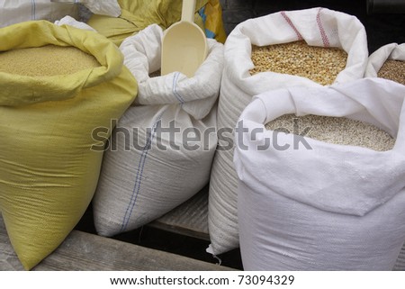 Bags of Grain at the Small Town Market in Poland