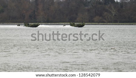 YORKTOWN, VA- FEBRUARY 11:A pair of Army boats performing regularly scheduled Military maneuvers during the winter on the Yorktown side of the York River in Yorktown, Virginia on February 11, 2013