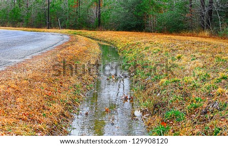A ditch full of water runoff running along a road in a rural neighborhood