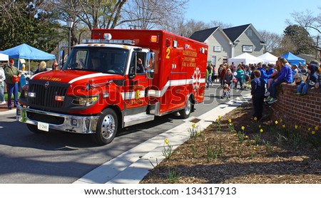 GLOUCESTER, VIRGINIA - APRIL 6: Gloucester Vol fire & Rescue in the Daffodil Parade on April 6, 2013 in Gloucester, Virginia. In its 27th year, the parade heralds the arrival of spring.