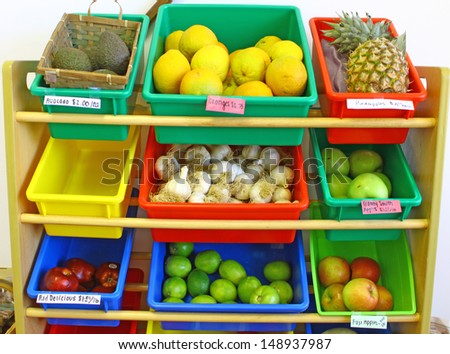 A large assortment of fresh home grown local garden fruits and vegetables