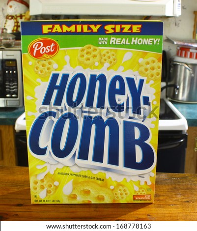 GLOUCESTER, VA - DECEMBER 26, 2013: Honeycomb breakfast cereal originated in 1965, by Post Foods. It consists of honey-flavored corn cereal bits in a honeycomb shape. It is wheat free.