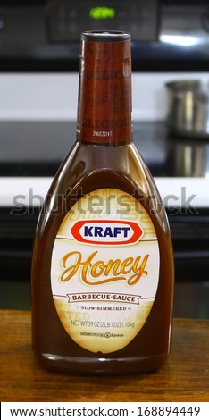 GLOUCESTER, VA - DECEMBER 26, 2013: Kraft Honey BBQ sauce. Kraft Foods Group Inc is an American grocery manufacturing and processing conglomerate headquartered in Northfield, Illinois.