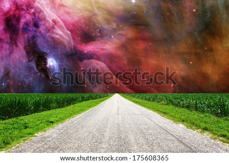 A gravel covered rural road through corn fields leading to a new universe awaiting at the end of the road.Elements of this image furnished by NASA.